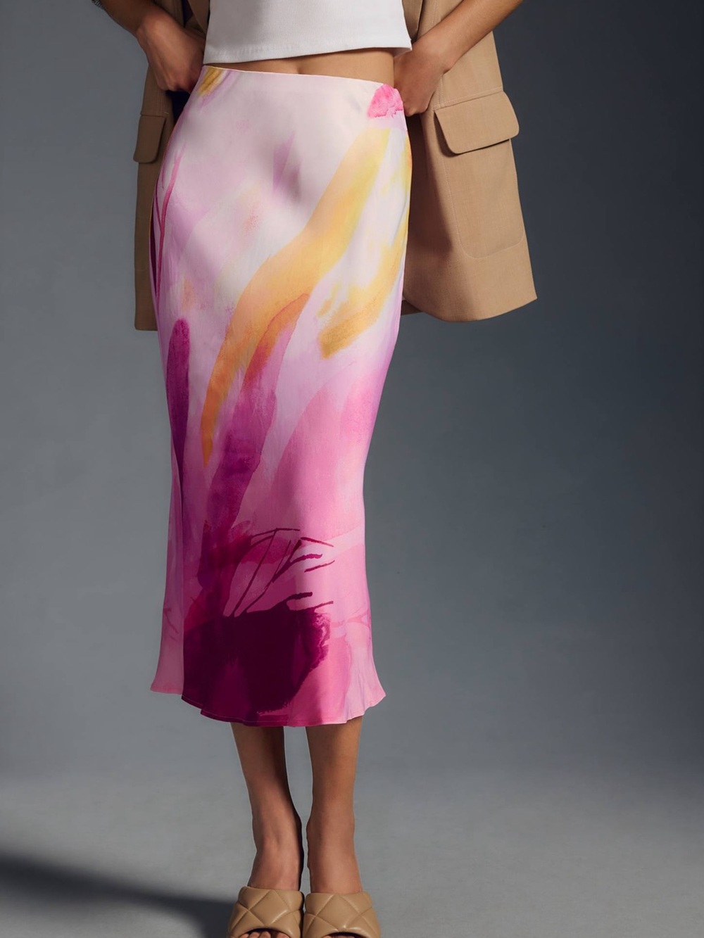 Anthropologie "The Elyse" Abstract Watercolor Midi Slip Skirt